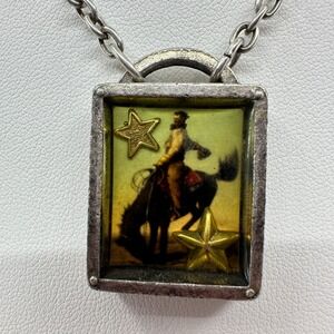 Western Cowboy Horse Pendant Necklace Silver Tone Stars Rodeo Southwestern Gift